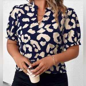 SHEIN Navy and Cream Patterned Blouse